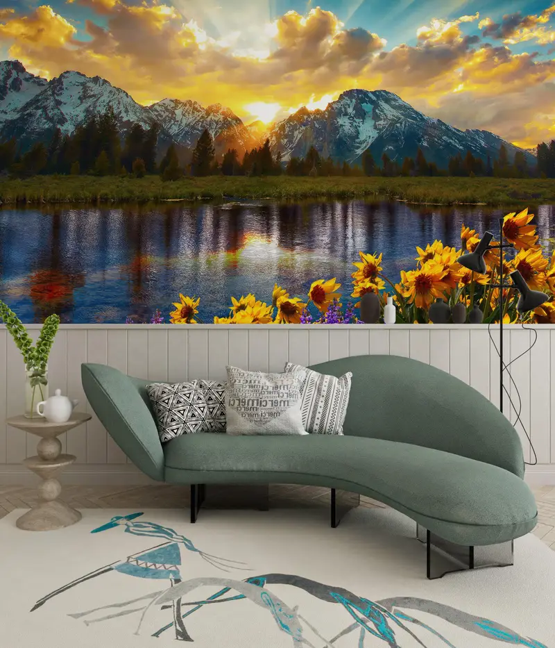 Sunflower Wall Decals, Accent Wall, Grand Teton Park Wall Poster, View Mural, Sunset Wall Print, Stick On Wallpaper Art Deco, - 7