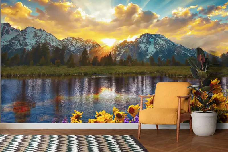 Sunflower Wall Decals, Accent Wall, Grand Teton Park Wall Poster, View Mural, Sunset Wall Print, Stick On Wallpaper Art Deco, - 2