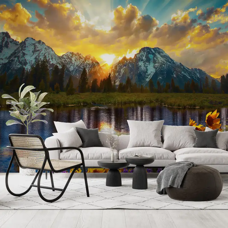 Sunflower Wall Decals, Accent Wall, Grand Teton Park Wall Poster, View Mural, Sunset Wall Print, Stick On Wallpaper Art Deco, - 6