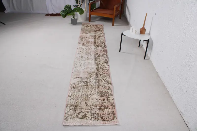 Turkish Vintage Rug 1.7x9.8 ft, Oushak Brown Wool Rug - 1