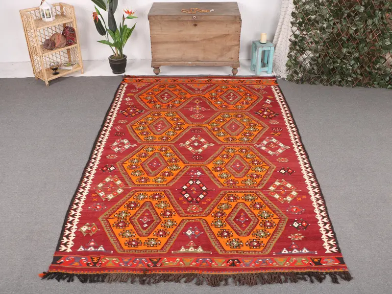 Red & Orange Rug, 5,8x8,8 ft Geometric Floral Design