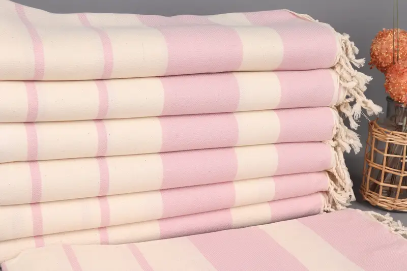 Beach Towel Turkish Organic Cotton Light Pink Stripes, 40x71 Inches