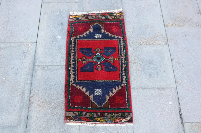 Vintage Rug, 1.3x2.6 ft Small Turkish Rug, Oushak Red Blue Camouflage Rug - 1