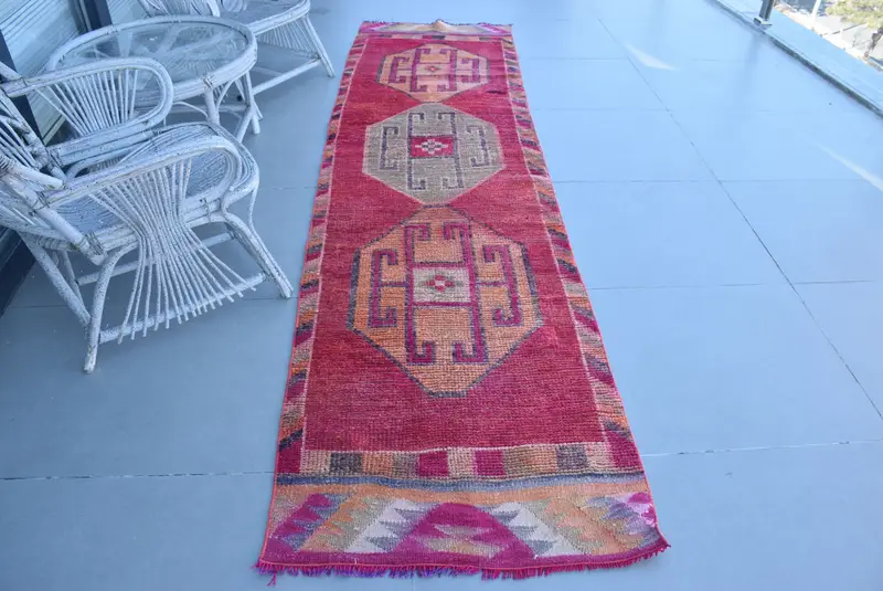 2.7x10.3 ft Türk Vintage Halı, Yolluk Halı, Herki Kırmızı Yün Halı - 1