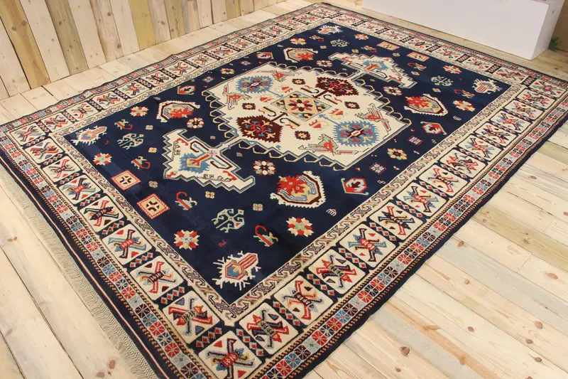 Vintage 7.8x9.9 ft Halı, Oushak Türk Halısı, Mavi Puantiyeli Halı Yün - 1