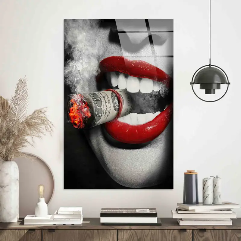 Elegant Canvas: Smoking Woman with Money Cigar & Red Lip