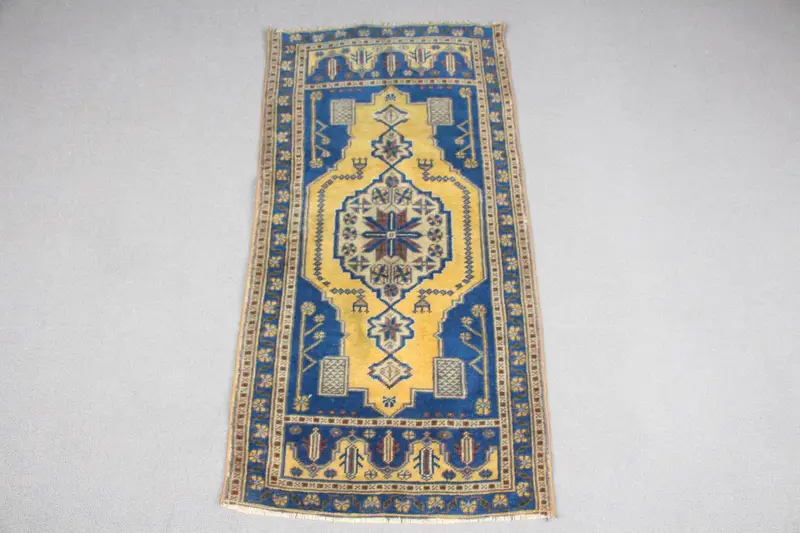 Türk 1.8x3.4 ft Halı, Oushak Vintage Halı, Mavi Patchwork Yün Halı - 1