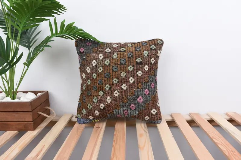 Orange & White Embroidered Throw Pillow, Vintage Geometric Pillow