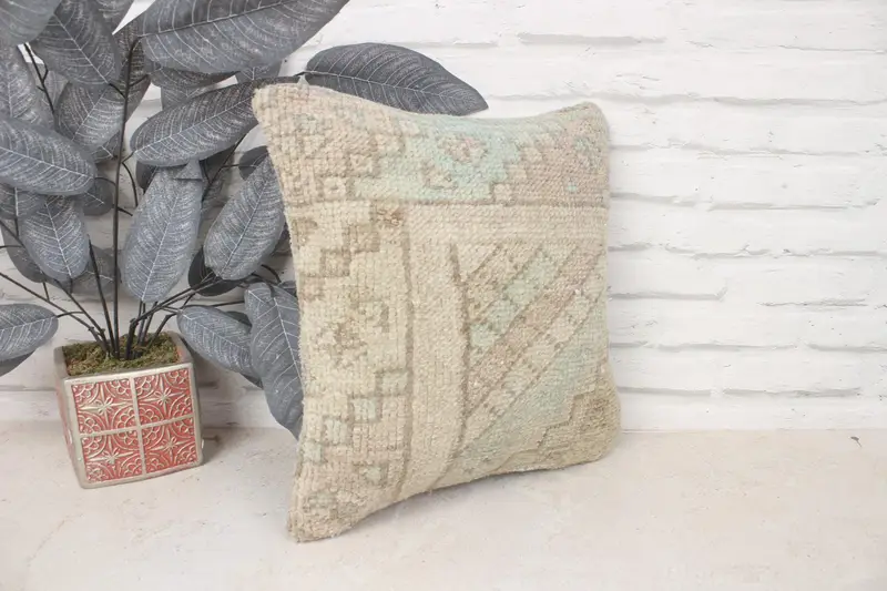 Kilim Pillow, Handwoven Pillow, 14x14 Beige Cushion, Pillow, Kilim Cushion Sham, Ottoman Cushion, Office Chair Cushion Case, Vintage Kilim Pillow - 3