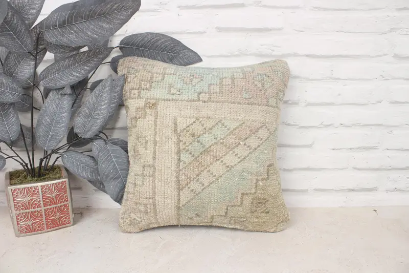 Kilim Pillow, Handwoven Pillow, 14x14 Beige Cushion, Pillow, Kilim Cushion Sham, Ottoman Cushion, Office Chair Cushion Case, Vintage Kilim Pillow - 1