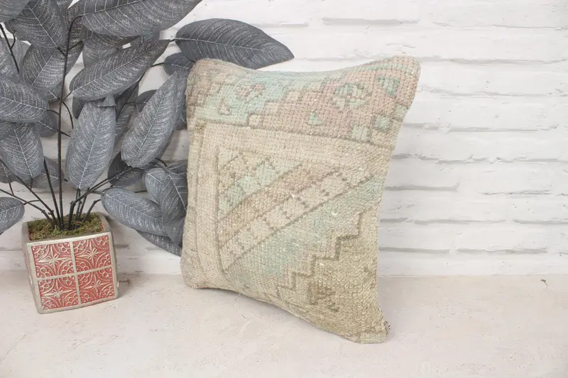 Kilim Pillow, Handwoven Pillow, 14x14 Beige Cushion, Pillow, Kilim Cushion Sham, Ottoman Cushion, Office Chair Cushion Case, Vintage Kilim Pillow - 4