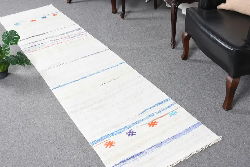 Alfombra turca de 2,1x8,9 pies, alfombra vintage runner, alfombra ombré azul blanco - 1