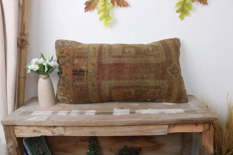 Vintage Kilim Throw Pillow, Sofa Bolster Cushion Cover, Pillow for Sofa, Boho Pillow, Pillow Sham, 12x24 Brown Pillow Sham - 1
