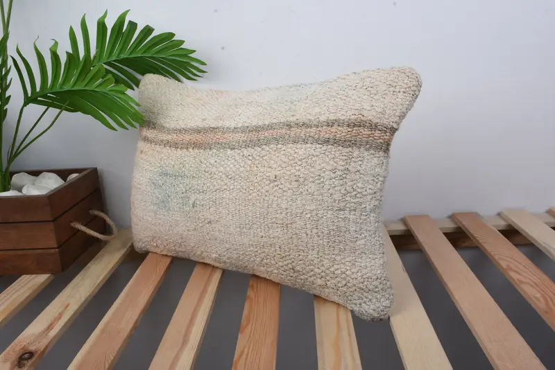 Vintage Kilim Pillow, Handmade Kilim Cushion, 12x20 Beige Pillow Sham, Bench Cushion Case, Kilim Pillow Cover, Cushion Case, Couch Cushion Cover - 4
