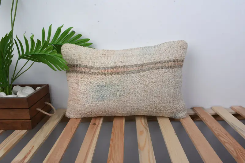 Vintage Kilim Pillow, Handmade Kilim Cushion, 12x20 Beige Pillow Sham, Bench Cushion Case, Kilim Pillow Cover, Cushion Case, Couch Cushion Cover - 1