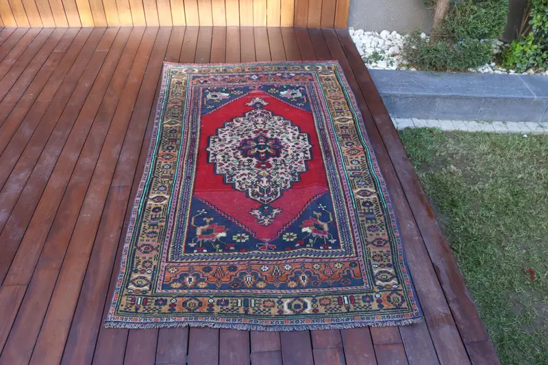 Alfombra vintage de 3,3x5,7 pies, alfombra turca decorativa, alfombra de lana de plantas y árboles rojos - 1