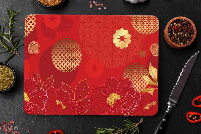 Rotes Glasschneidebrett mit ethnischem Muster, chinesisches Neujahrsdesign