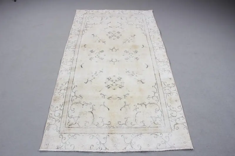 Vintage Oushak Rug 3.5x6.6 ft, White Black Oriental Wool Turkish Rug - 1