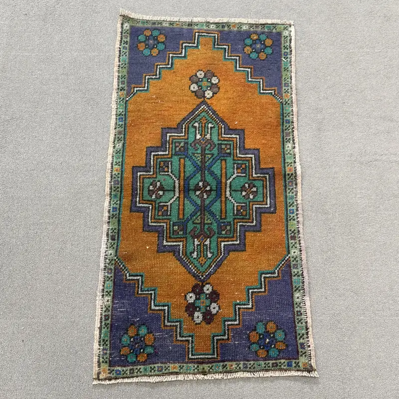 Oushak Vintage Halı, 1.5x3 ft Türk Halısı, Mavi Puantiyeli Yün Halı - 1