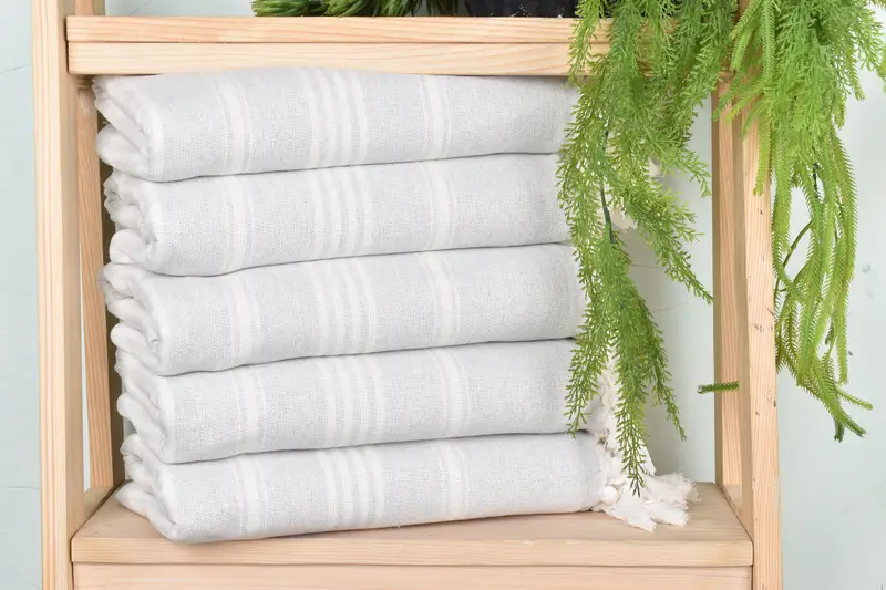 Light Gray Striped Cotton Towel, 40x71 Inches, Organic Cotton/Linen