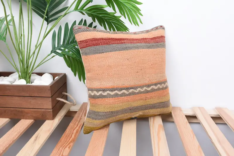 Kilim Pillow, Decorative Bolster Pillow, Vintage Pillow, Cotton Pillow, 14x14 Orange Pillow Cover, Vintage Kilim Pillow, Pillow Cover - 4