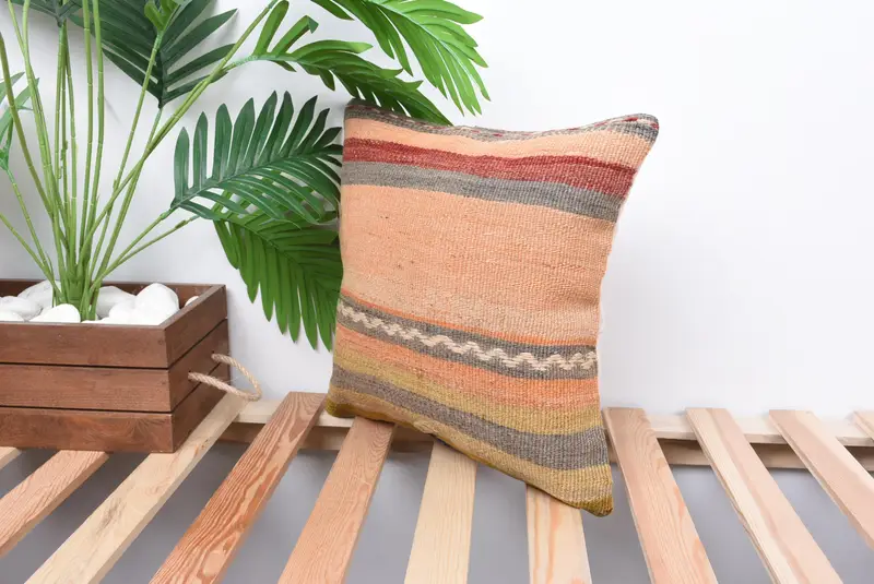 Kilim Pillow, Decorative Bolster Pillow, Vintage Pillow, Cotton Pillow, 14x14 Orange Pillow Cover, Vintage Kilim Pillow, Pillow Cover - 5