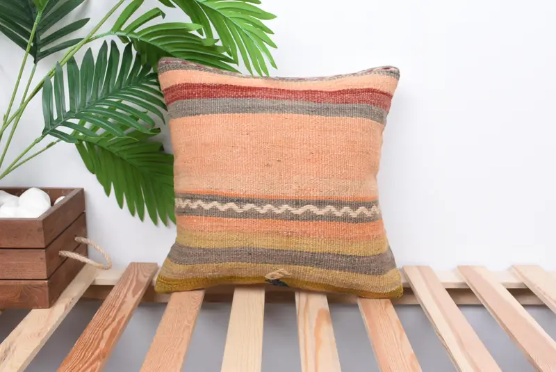 Kilim Pillow, Decorative Bolster Pillow, Vintage Pillow, Cotton Pillow, 14x14 Orange Pillow Cover, Vintage Kilim Pillow, Pillow Cover - 1