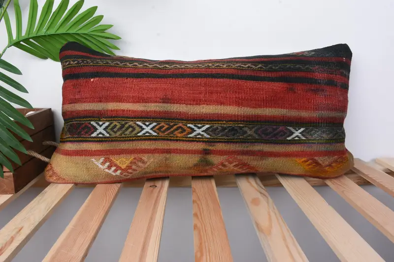 Kilim Pillow Cover, Antique Pillows, Pillow Cover, 12x24 Red Cushion Cover, Interior Designer Pillow, Authentic Cushion Cover, Bolster Cushion Cover - 1