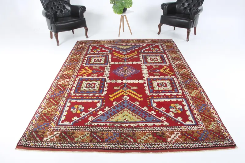 Alfombra grande turca vintage de 6,4x9,5 pies, alfombra de lana de camuflaje azul rojo - 1