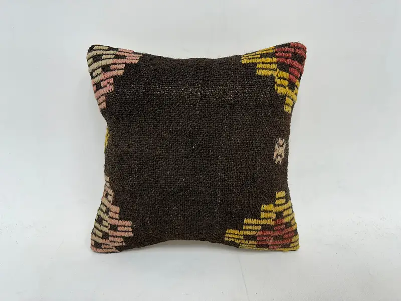 Ethnic Pillow Case, 14x14 Brown Cushion Case, Knitted Cushion Cover, Turkish Kilim Pillow, Vintage Pillow, Pillow, Turkish Pillow - 1