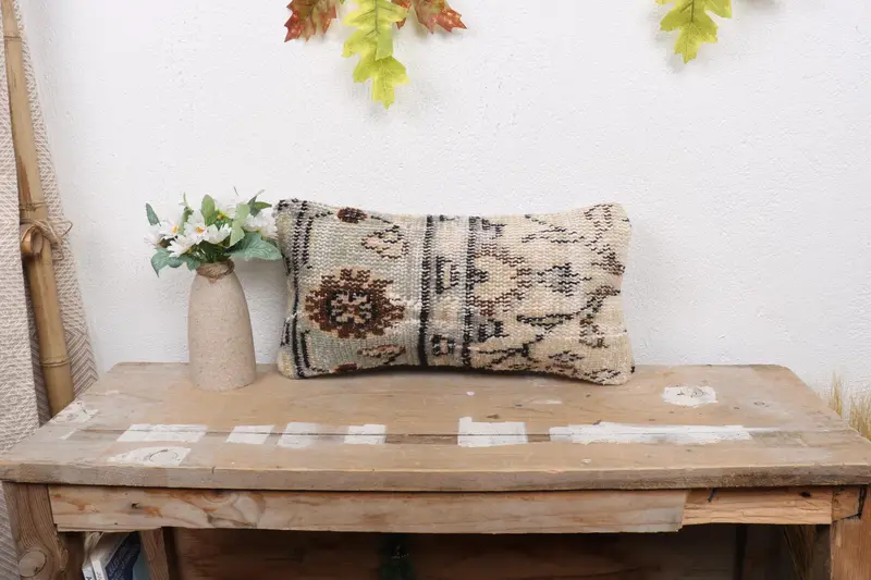 Meditation Pillow Cover, Home Decor Pillow, Cushion Cover, Southwestern Cushion, 8x16 Beige Cushion Case, Turkish Pillow, Vintage Kilim Throw Pillow - 1