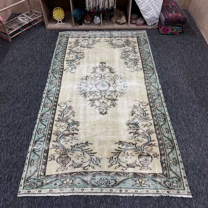 4,9x8,7 ft Teppich, Akzent Vintage Teppich, grüner Oushak Blumenteppich - 1