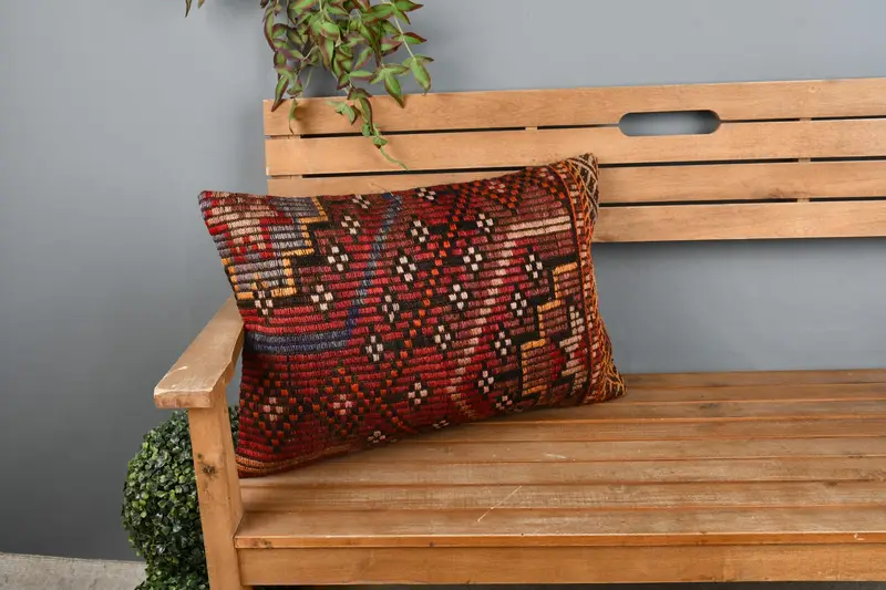 Boho Pillow, Nautical Throw Cushion Case, Ethnical Kilim Rug Pillow, Bed Cushion Case, Pillow for Couch, 16x24 Red Cushion Case, Cushion Case - 1