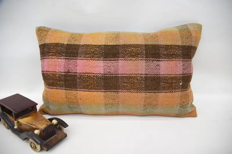 Vintage Antique Wool Cushion Cover, 12x20 inch WovenBrown Striped Pillow Case - 1