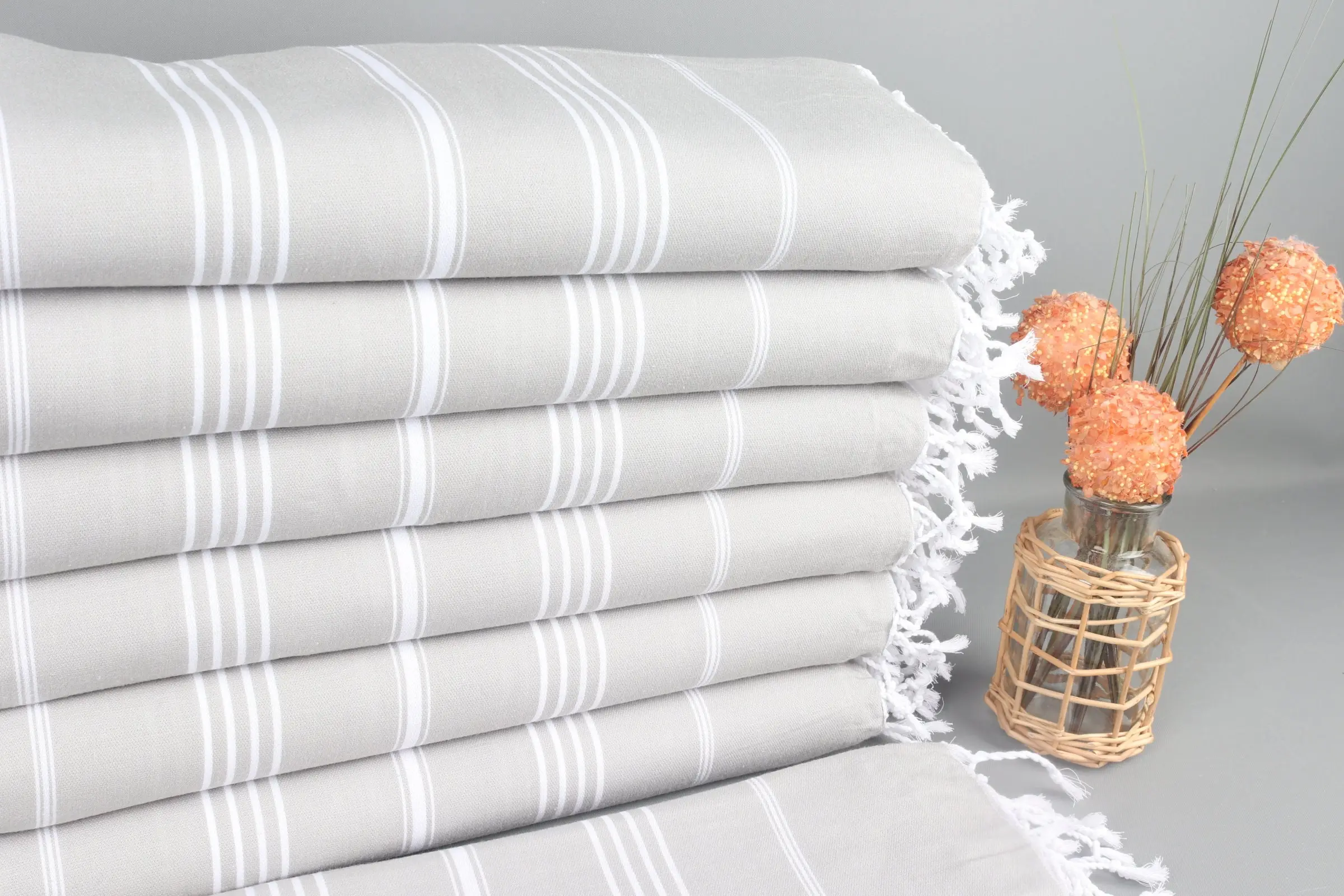 Organic Cotton Light Gray Striped Peshtemal, 38x73 Inches - 1