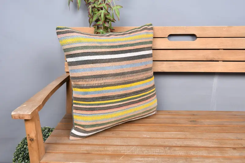 Vintage Pillow, Boho Pillow Sham Cover, 20x20 Yellow Pillow, Handmade Kilim Cushion, Vintage Throw Pillow Case, Cushion Case - 1