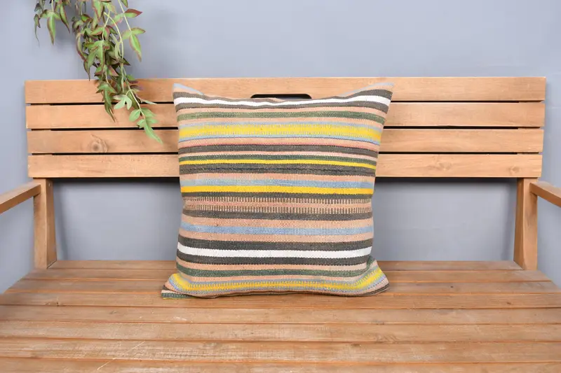 Vintage Pillow, Boho Pillow Sham Cover, 20x20 Yellow Pillow, Handmade Kilim Cushion, Vintage Throw Pillow Case, Cushion Case - 6