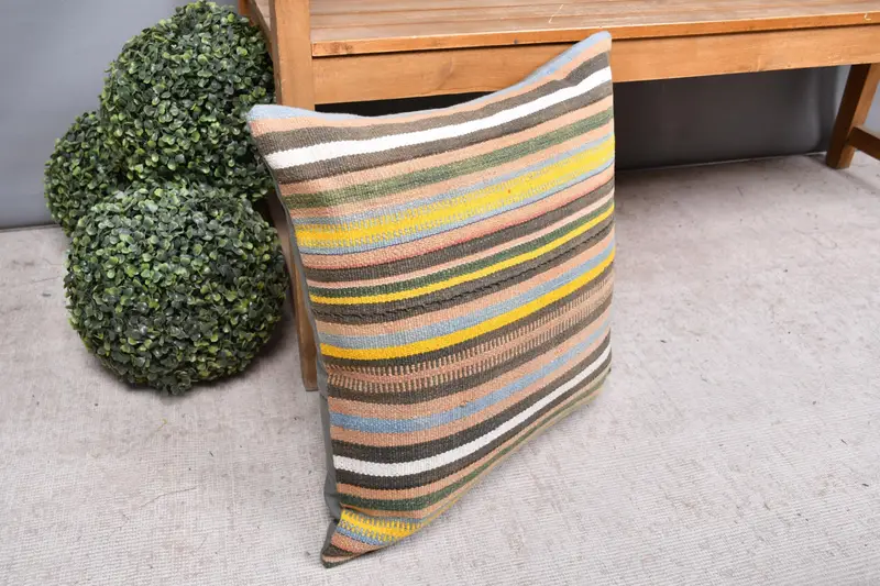 Vintage Pillow, Boho Pillow Sham Cover, 20x20 Yellow Pillow, Handmade Kilim Cushion, Vintage Throw Pillow Case, Cushion Case - 7