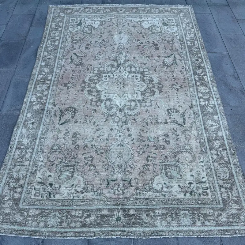 Vintage Turkish Large Rug 6.4x9.7 ft, Oushak Gray Wool Rug - 1