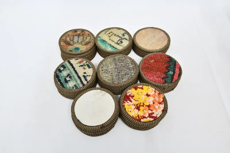 Bohemian Round Kilim Coaster, Unique Tribal Rug Coaster