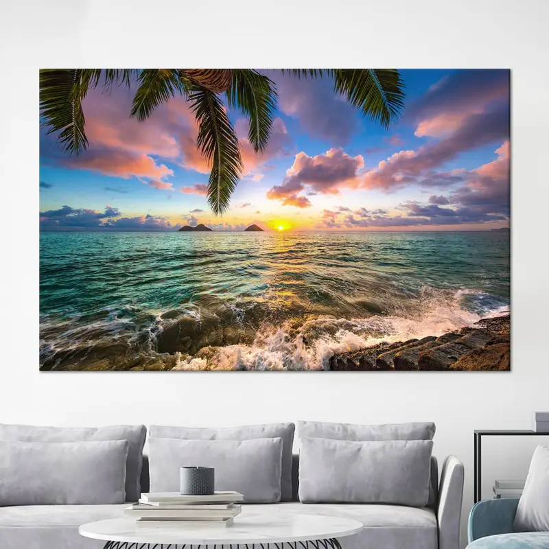 Lienzo de paisaje marino del amanecer tropical: Serenidad costera desatada