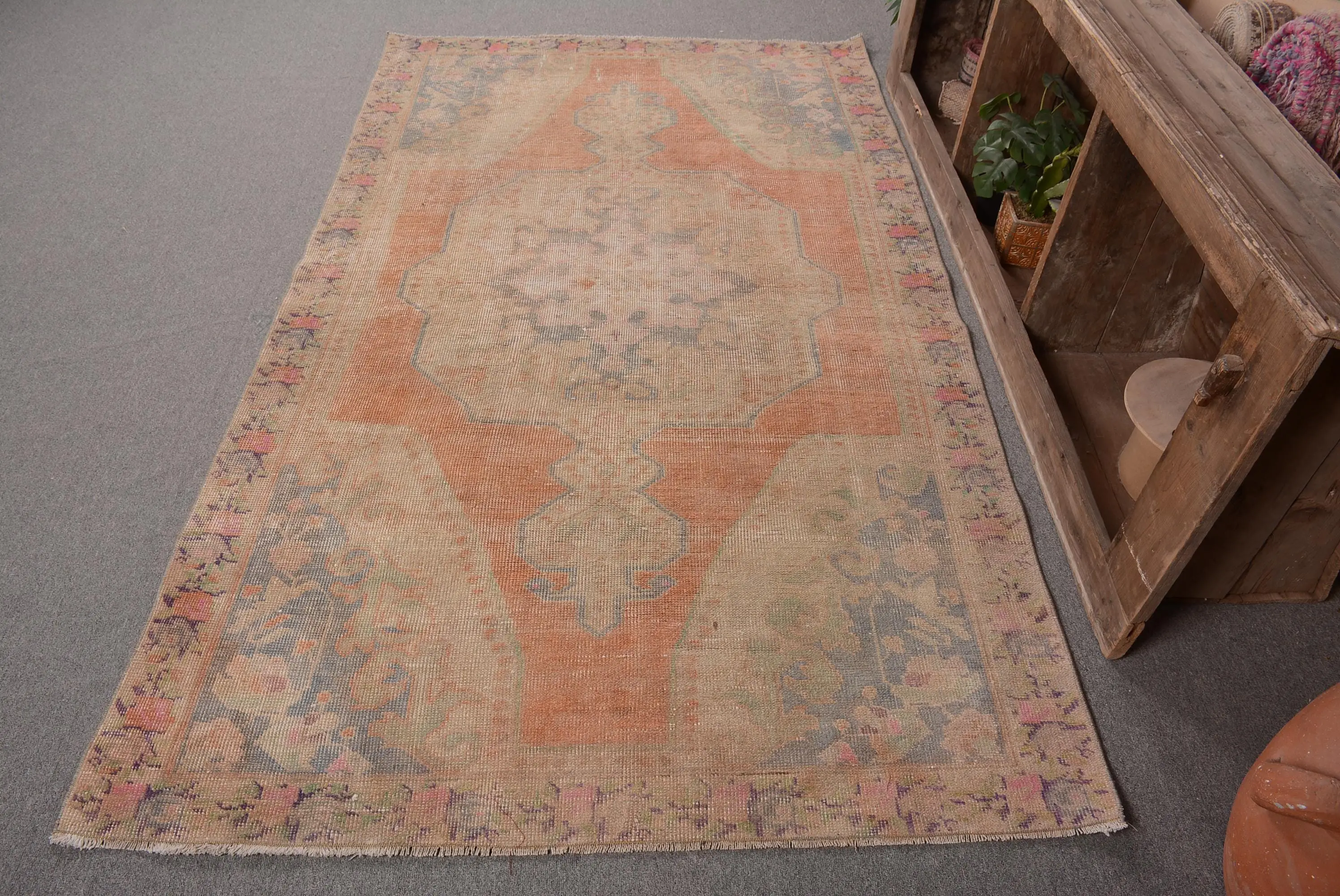 Turkish Vintage Area Rug 4.5x7.5 ft, Orange Gray Southwestern Wool Rug - 1
