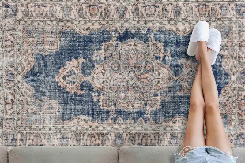 メダリオン花柄プリントラグ、落ち着いた色あせたエスニックアンティークデザイン