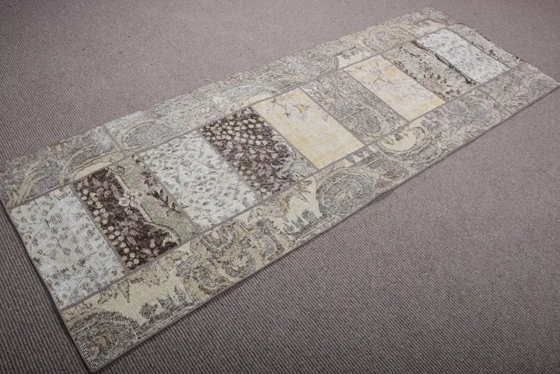 Vintage Teppich, Läufer 2,7x7,4 ft türkischer Teppich, brauner Wollteppich mit Pflanzen und Bäumen - 1
