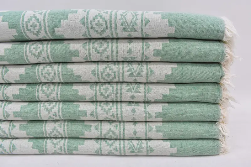 83x56 Green Kilim Blanket, Organic Cotton, Chevron Pattern, Personalized