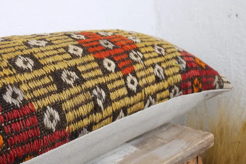 Bench Cushion Case, Pillow, Pillow for Couch, Vintage Kilim Throw Pillow, Crochet Pattern Pillow Sham, Vintage Kilim Pillow, 12x43 Red Pillow Cover - 6