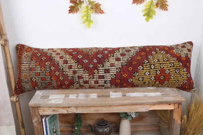 Bench Cushion Case, Pillow, Pillow for Couch, Vintage Kilim Throw Pillow, Crochet Pattern Pillow Sham, Vintage Kilim Pillow, 12x43 Red Pillow Cover - 2