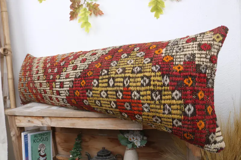 Bench Cushion Case, Pillow, Pillow for Couch, Vintage Kilim Throw Pillow, Crochet Pattern Pillow Sham, Vintage Kilim Pillow, 12x43 Red Pillow Cover - 5