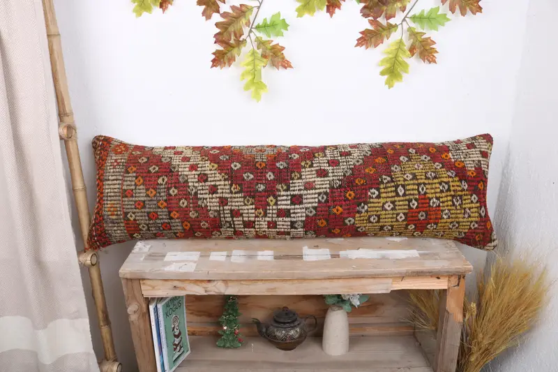 Bench Cushion Case, Pillow, Pillow for Couch, Vintage Kilim Throw Pillow, Crochet Pattern Pillow Sham, Vintage Kilim Pillow, 12x43 Red Pillow Cover - 1
