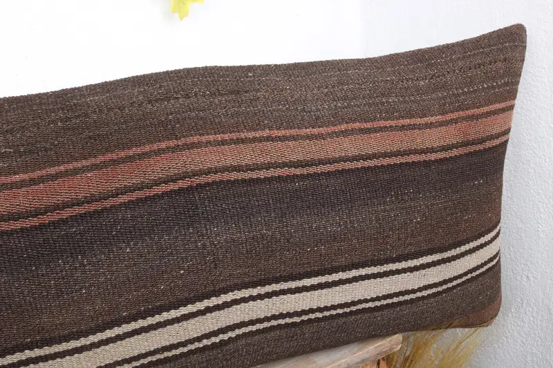 Pillow Cover, Vintage Kilim Throw Pillow, Gift Pillow, Nautical Throw Cushion Cover, Throw Kilim Pillow, Knitted Cushion, 16x48 Brown Cushion - 4
